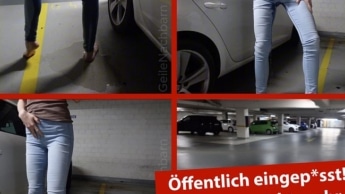 Ich pisse mich öffentlich im Parkhaus mit MEGA Druck in meine helle Jeans ein